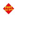 Rød rombe med teksten 'Fast lav pris' i gul skrift.
