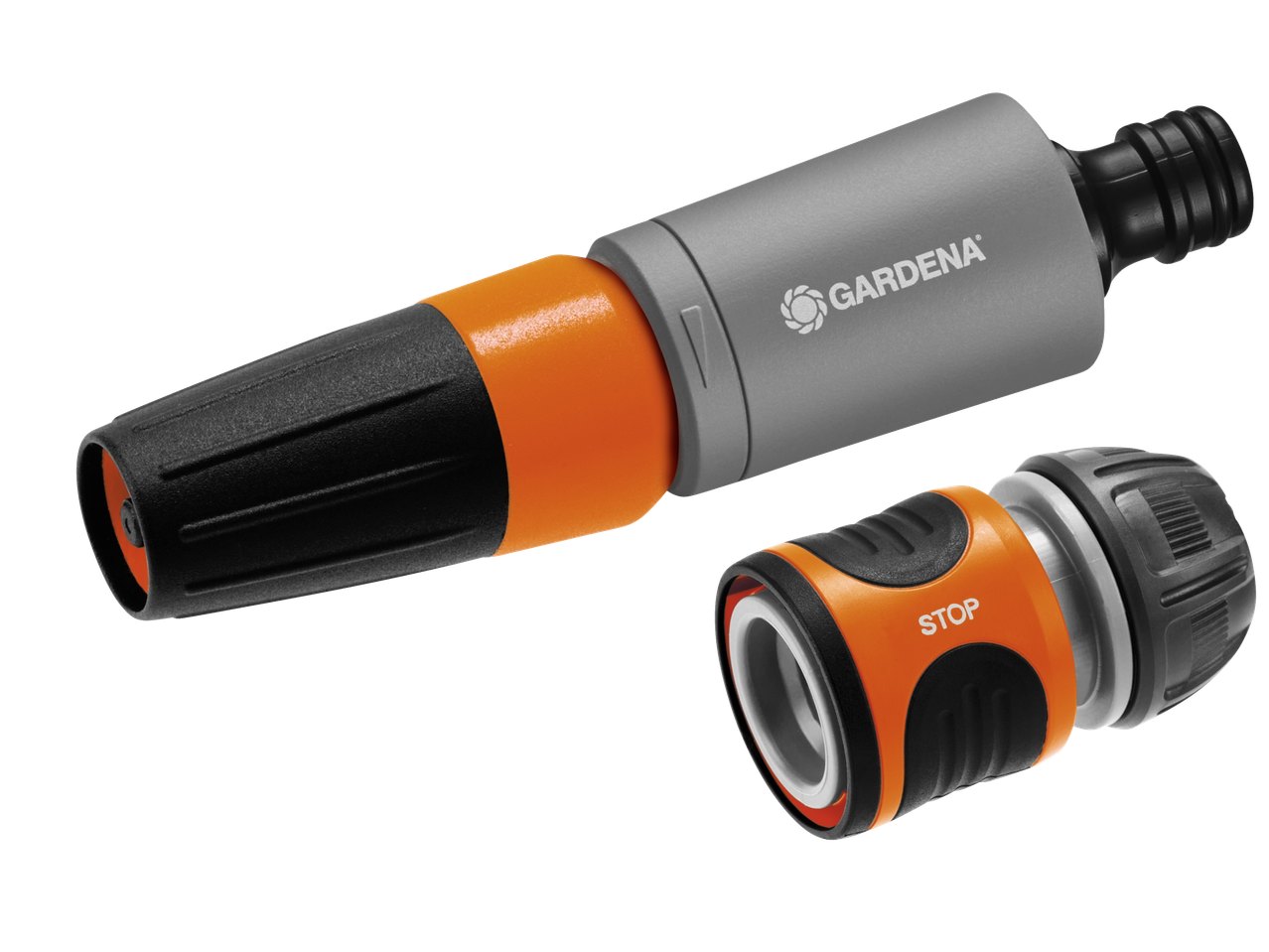 GARDENA brizgalna pištola in priključek za cev s funkcijo STOP v oranžni in sivi barvi.