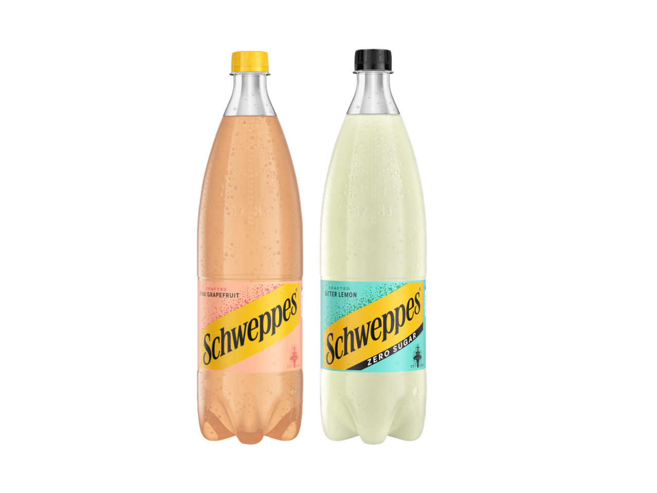 Dve boce gaziranog pića, roze grejpfrut i gorki limun bez šećera.