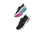 A pair of black Crivit running shoes with teal and pink accents are shown floating against a white background.