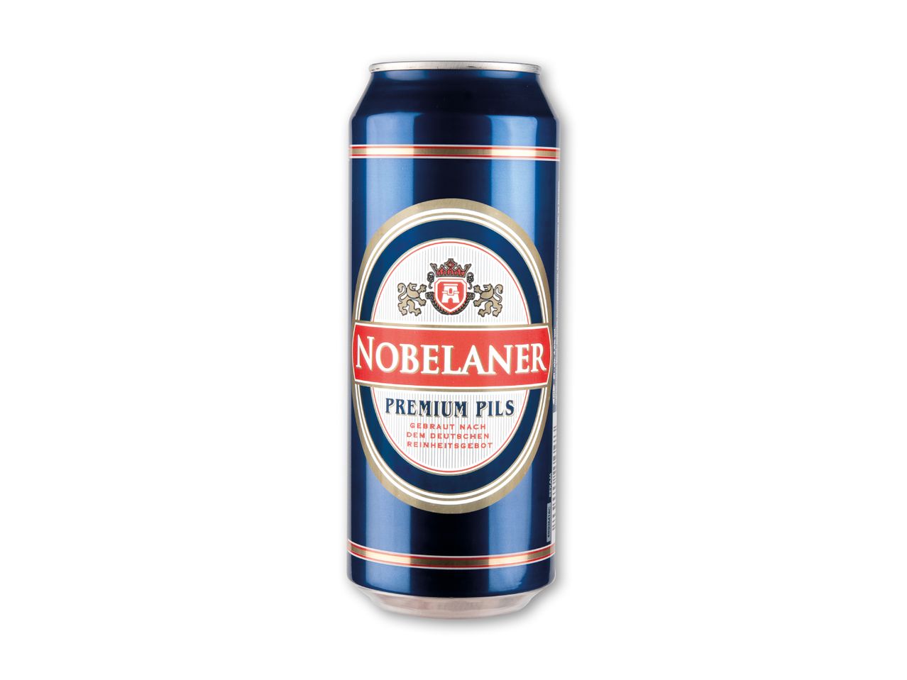 En blå Nobelaner Premium Pils øldåse med rød og guld etiket.