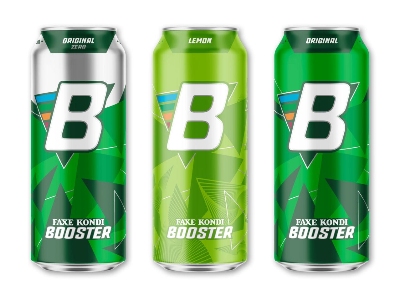 Tre energidrikke i dåser: Original Zero, Lemon og Original, alle med grønne og hvide designs.