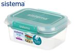 Clear food storage container with a teal lid and locking clips.