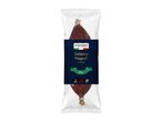 Air-dried salami in clear packaging with a dark blue label, indicating medium spice and 200g.