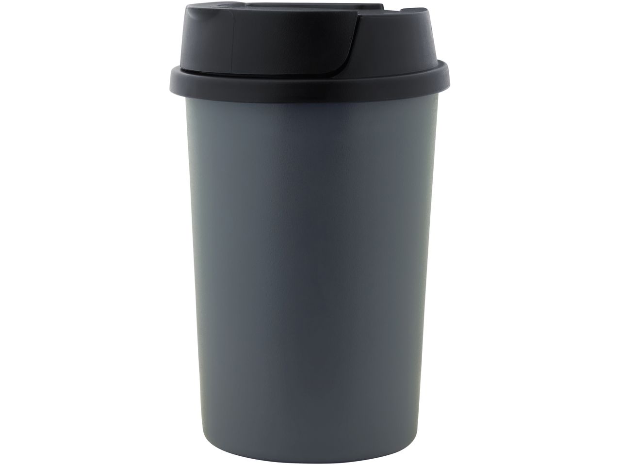 A dark gray travel mug with a black lid.