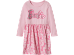 Rožinė ilgomis rankovėmis Barbie suknelė su sidabro blizgučių logotipu ir širdelių raštu