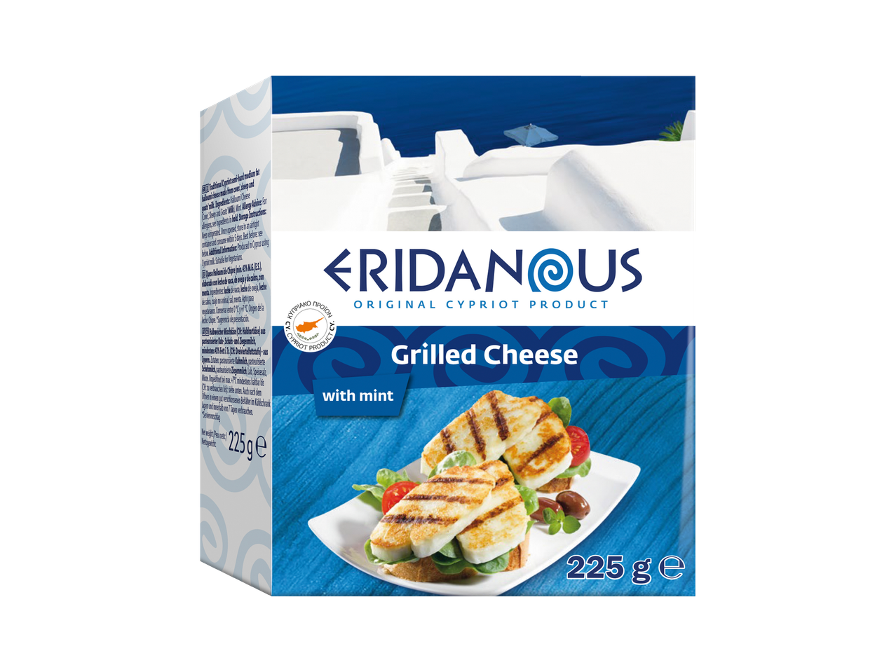 Eridanous Halloumi Cheese with Mint packaging, featuring grilled cheese on bread with tomatoes and olives.