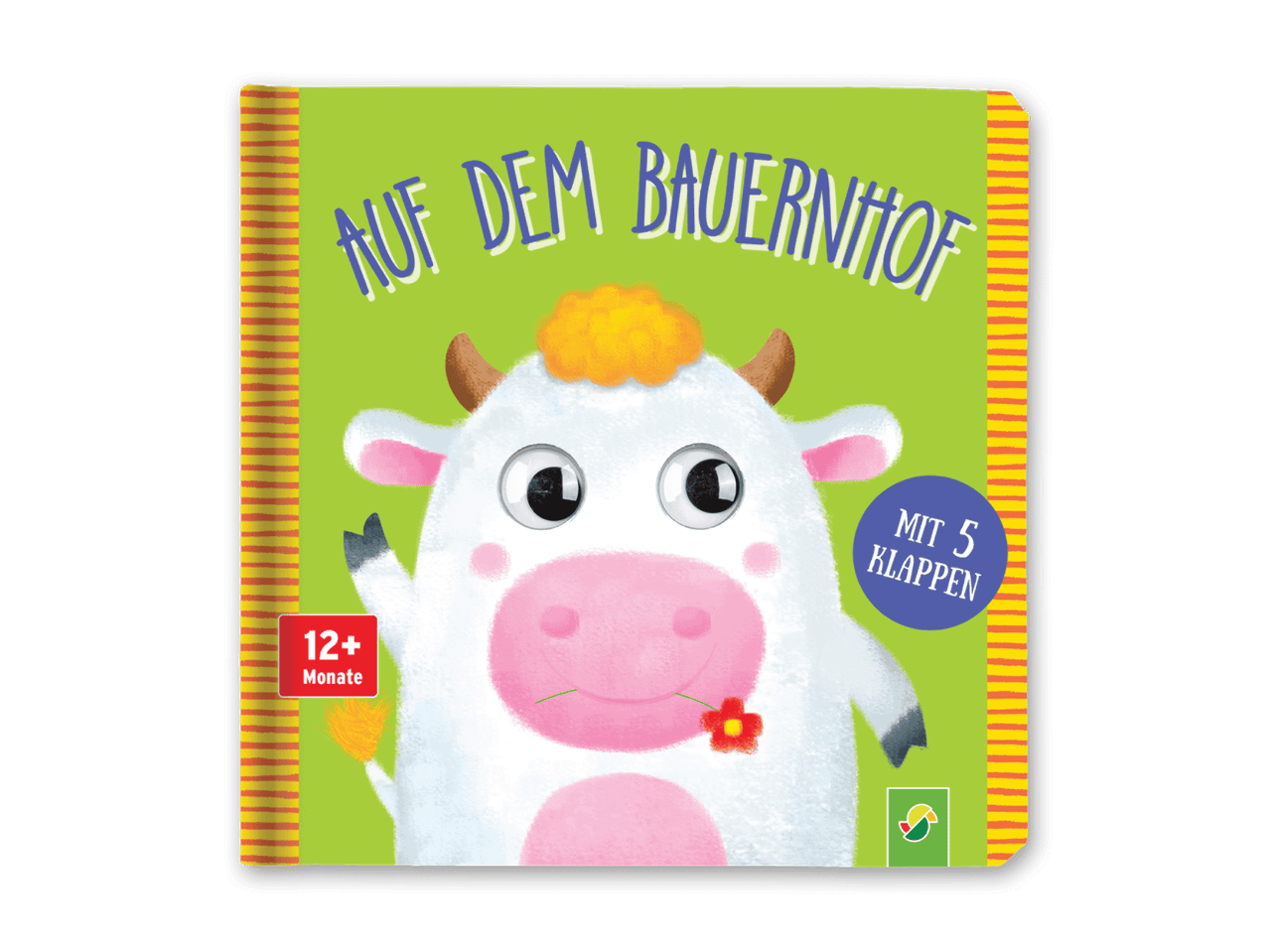 Kinderbuch 'Auf dem Bauernhof' mit niedlichem Kuh-Motiv.