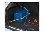 Blue toolbox secured with bungee cords in a car trunk, with additional cords on the side.
