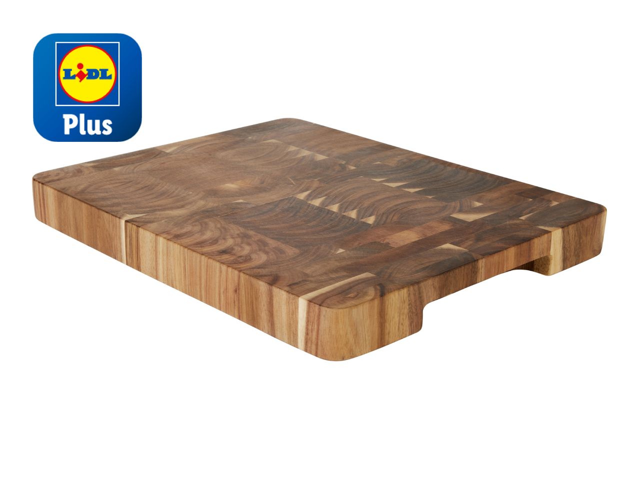 Lidl Plan wooden chopping board with finger grips.