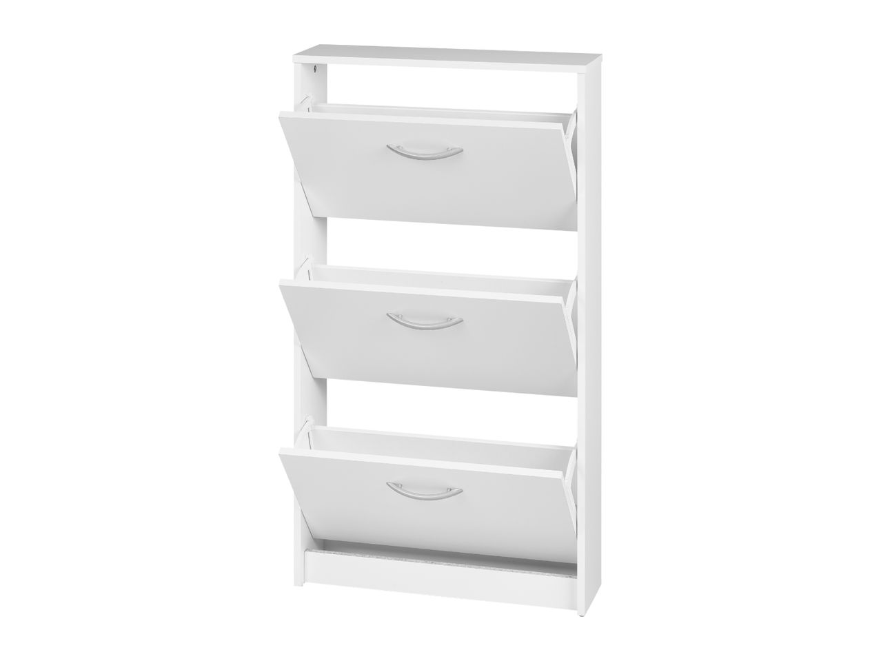 White wooden shoe cabinet with three open tilt-out drawers and silver handles.