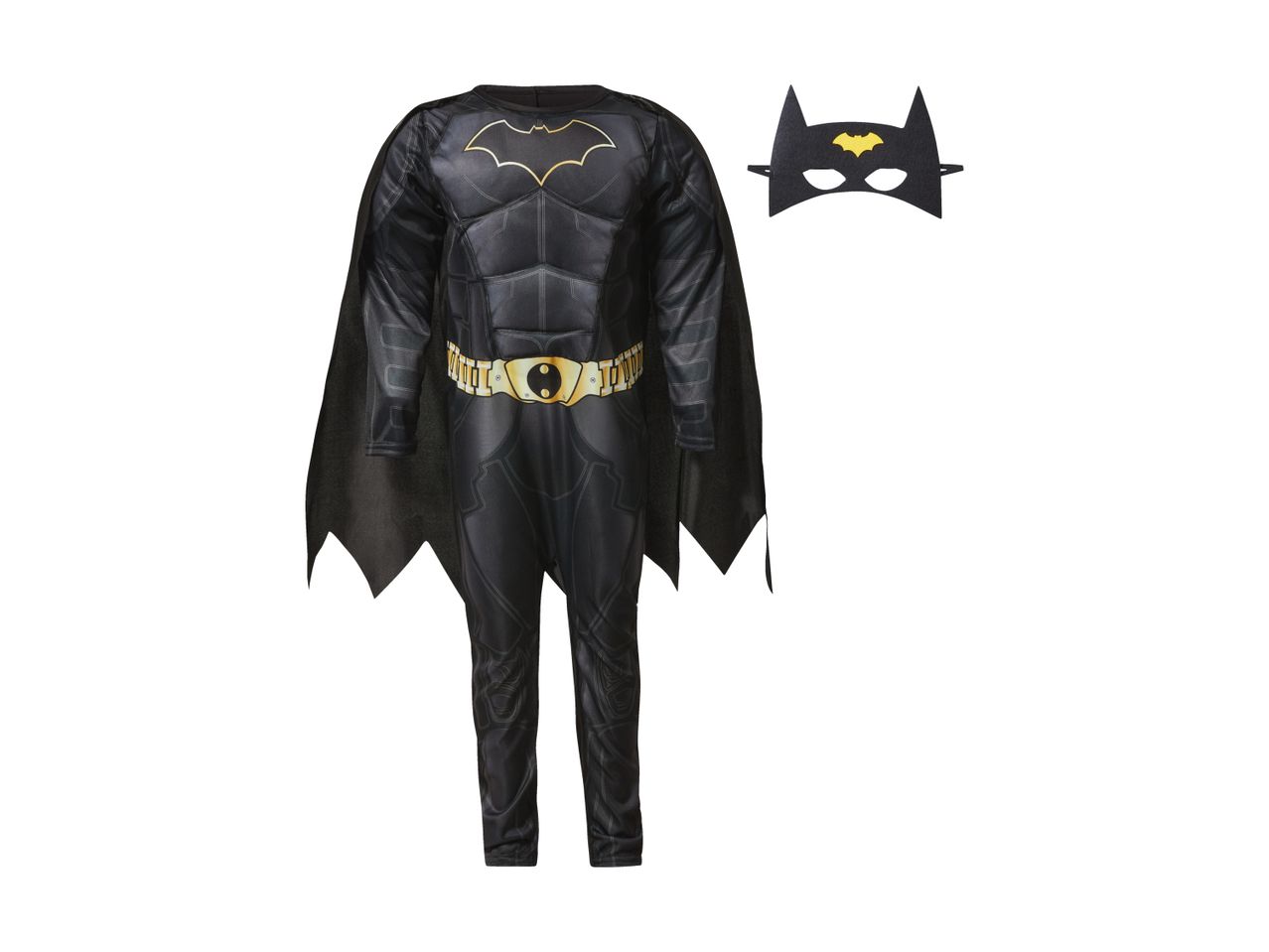 Batman costume with a black jumpsuit, cape, and mask.