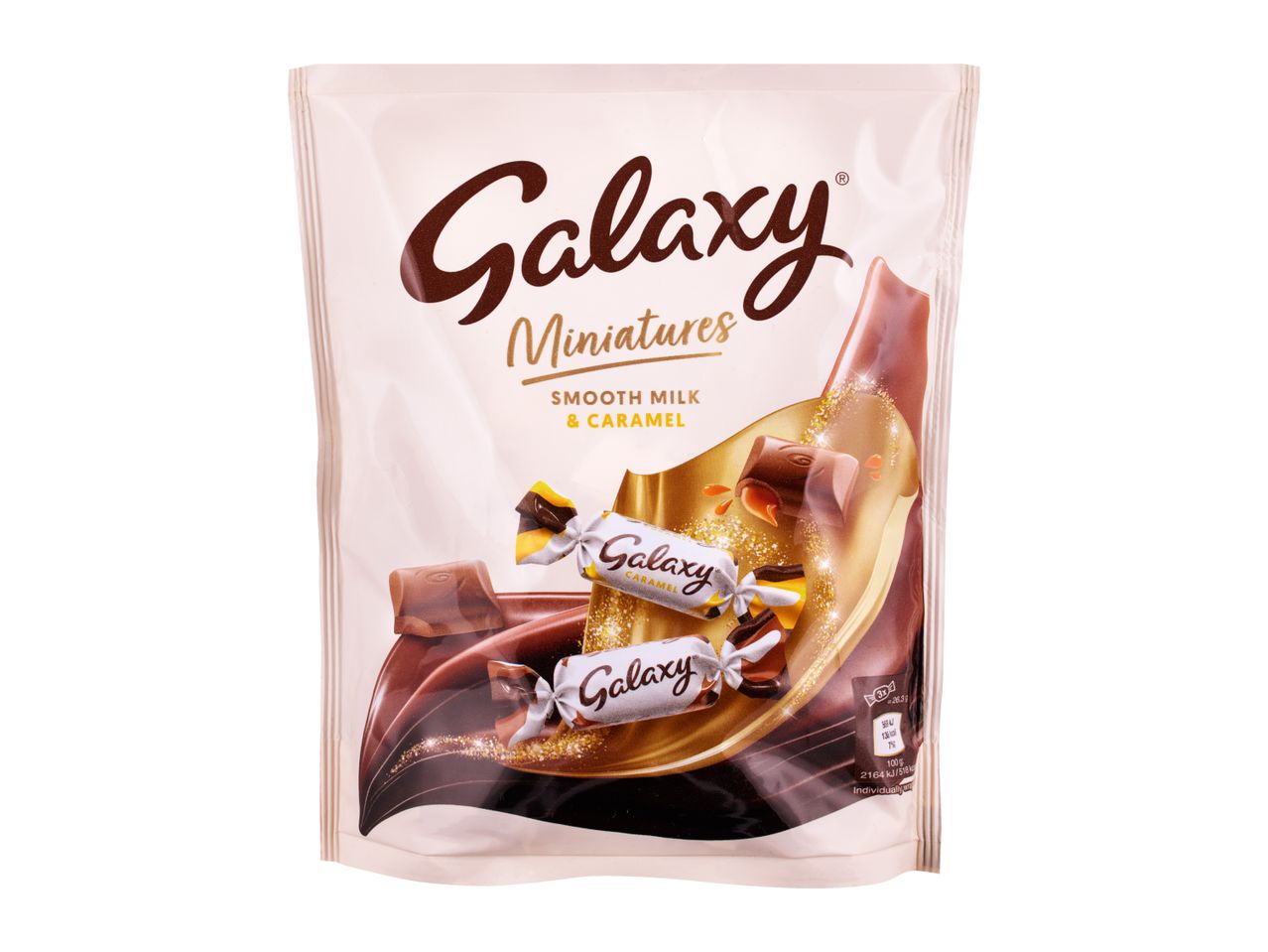 A bag of individually wrapped smooth milk and caramel chocolate miniatures.