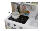Toy kitchen with hob, sink, oven, and accessories like a pot, whisk, and wooden utensils.