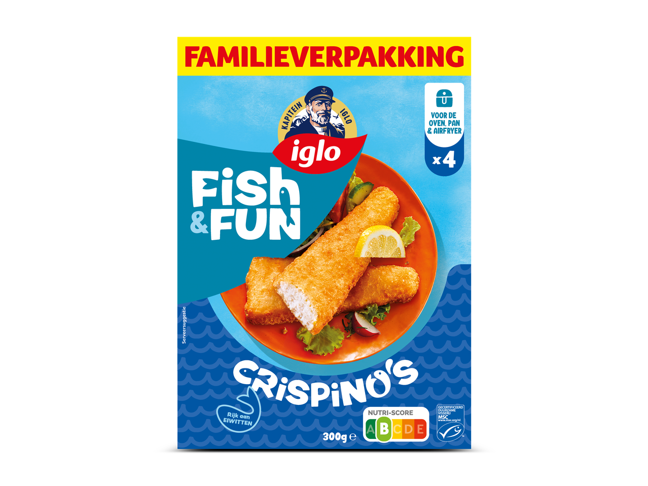 Iglo Crispino's vissticks familieverpakking, met 'Fish & Fun' en bereidingswijze.