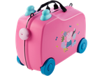 Pink kids' ride-on suitcase with Peppa Pig design, blue wheels, and handles.
