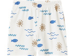 Dečiji šorts za pidžamu sa printom plavih riba, talasa i braon sunca.