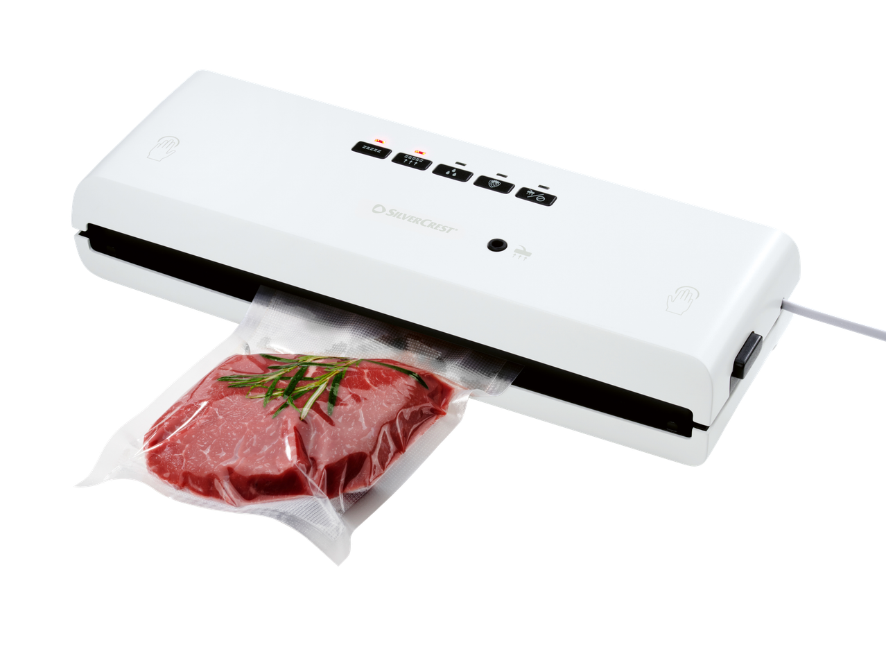 Máquina de vácuo Silvercrest com um corte de carne embalado.