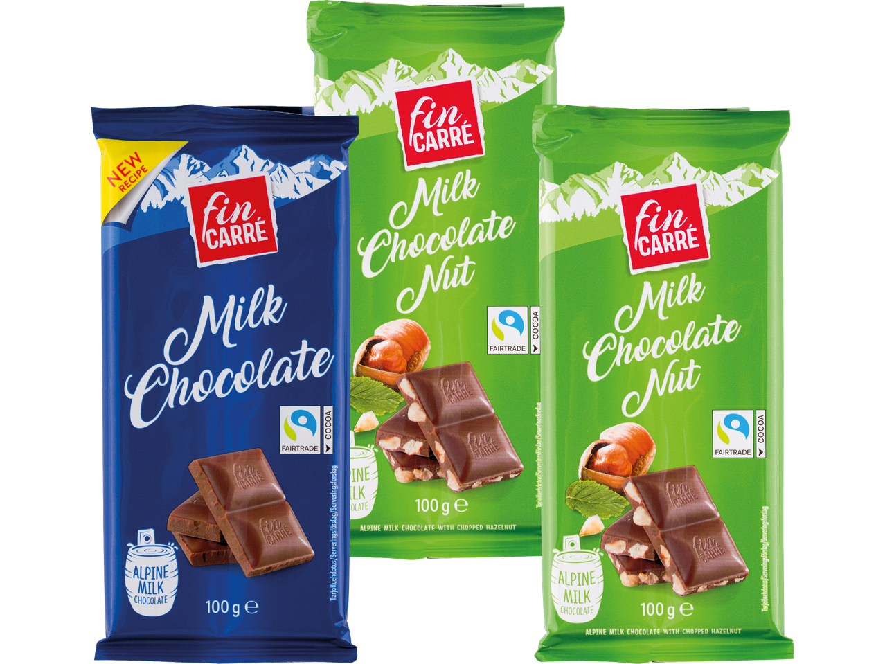 Tre chokladkakor från Fin Carré, mjölkchoklad i olika sorter.