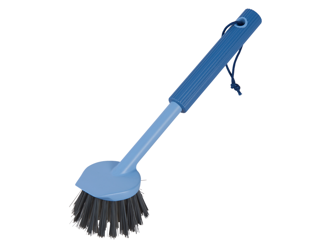 Escova de limpeza azul com cabo de plástico.