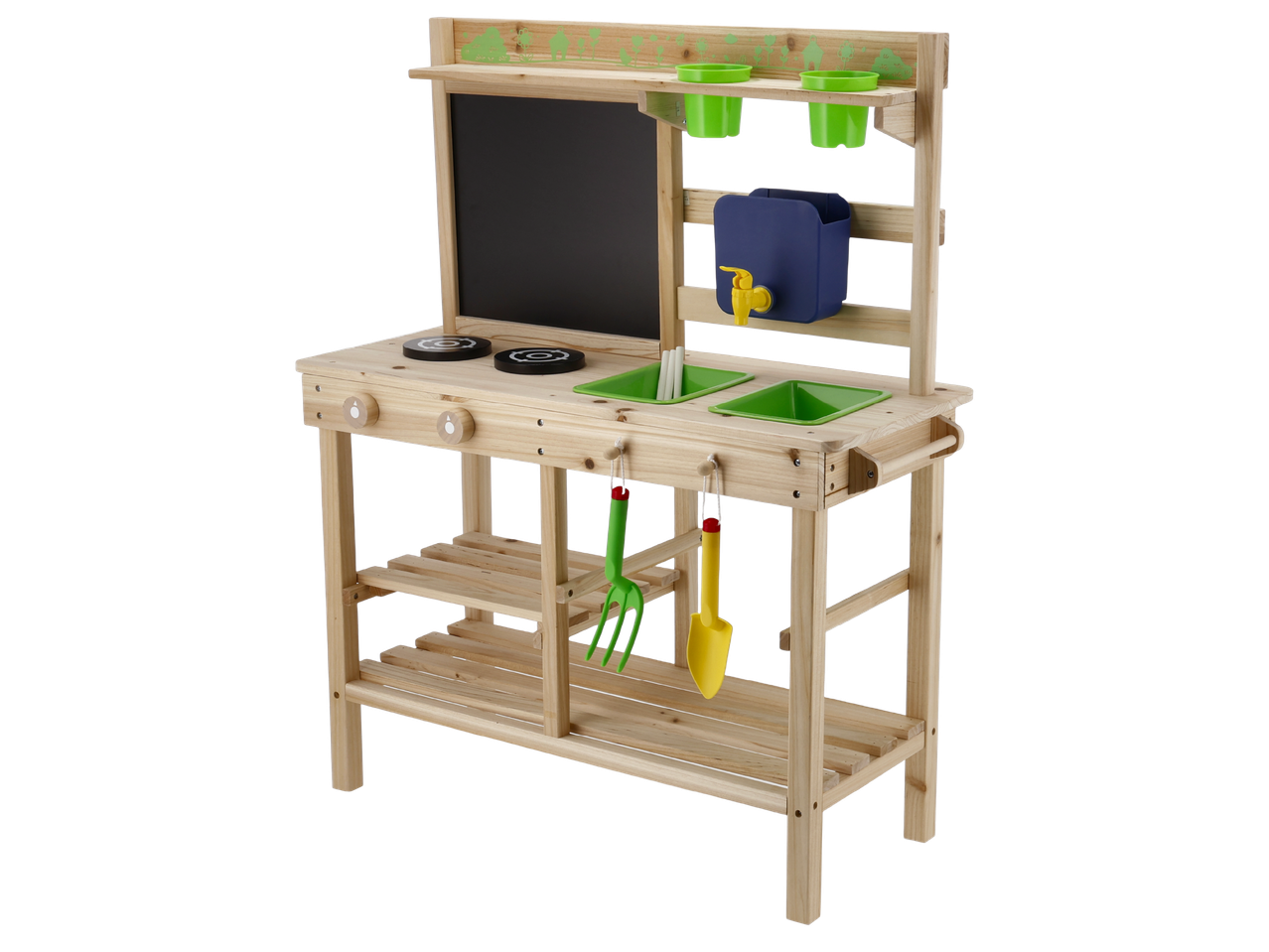 Детска дървена градинска кухня с черна дъска, мивки и аксесоари за игра.