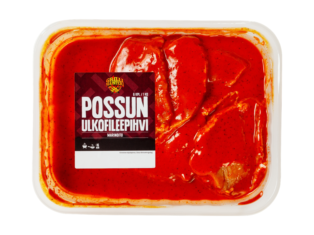 Marinoituja porsaan ulkofileepihvejä pakkauksessa, jossa on teksti 'POSSUN ULKOFILEEPIHVI MARINOITU'.