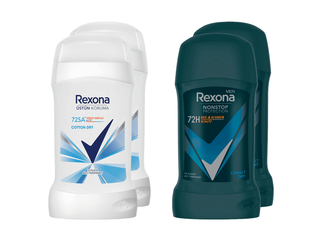 Rexona Cotton Dry und Cobalt Dry Deodorants, 72 Stunden Schutz.