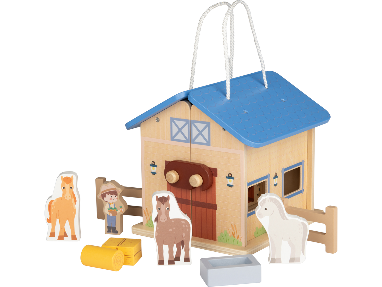 Medinis žaidimų rinkinys su ūkiu, arkliais, ūkininku ir priedais.