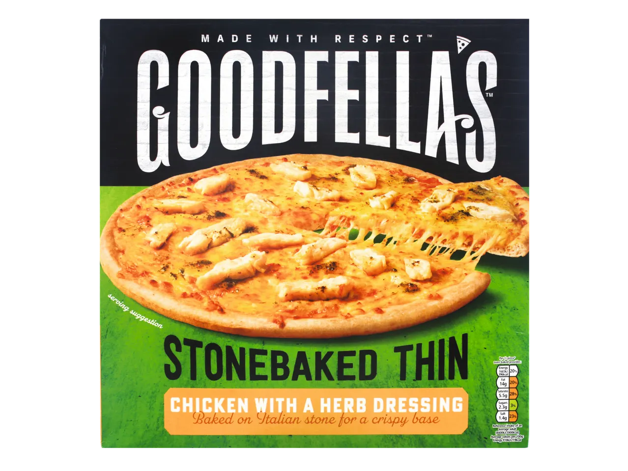 Goodfellas pizza: stonebaked thin crust, chicken with herb dressing.