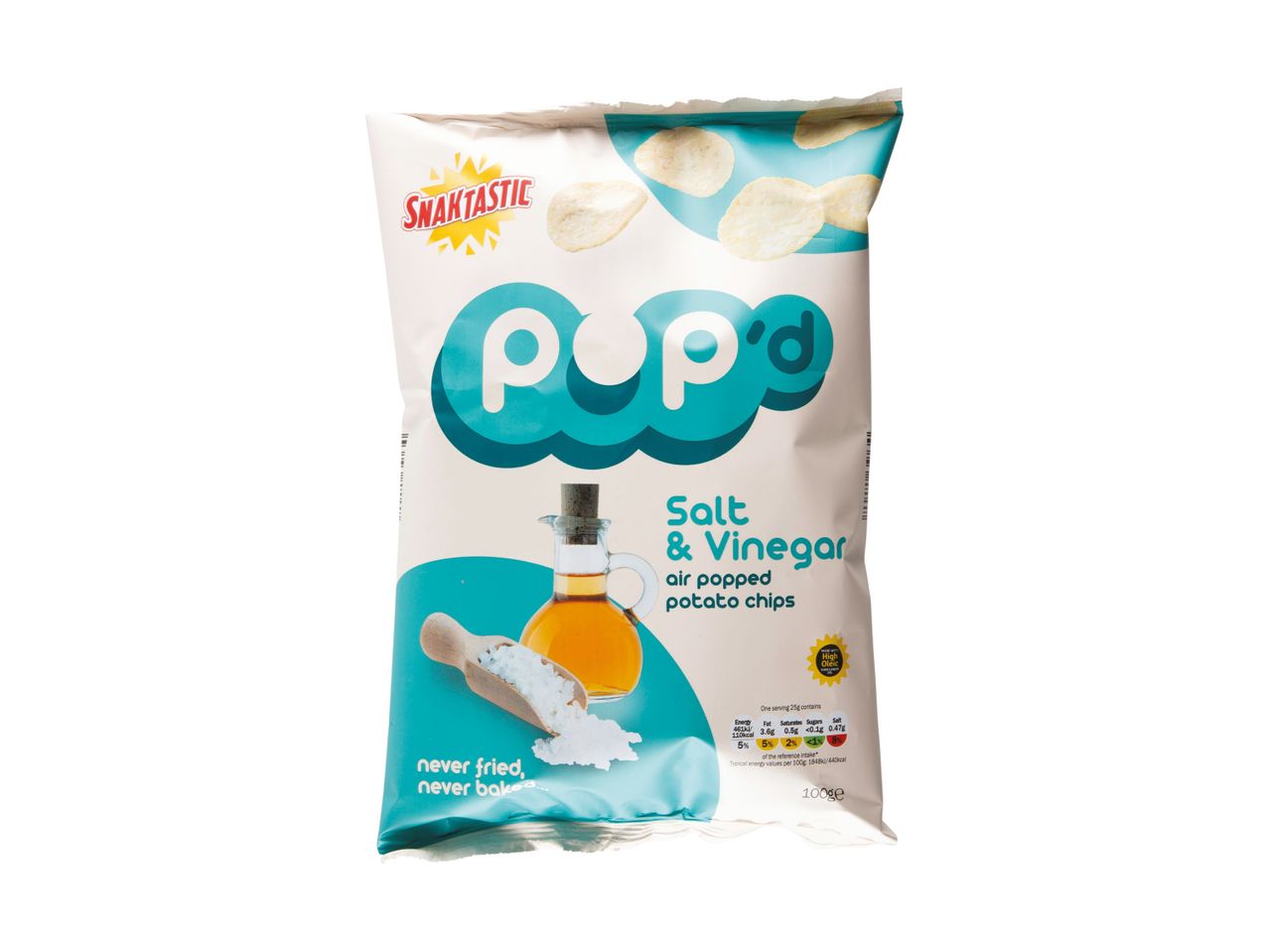 Salt & Vinegar air-popped potato chips in a white and teal bag with nutritional information.