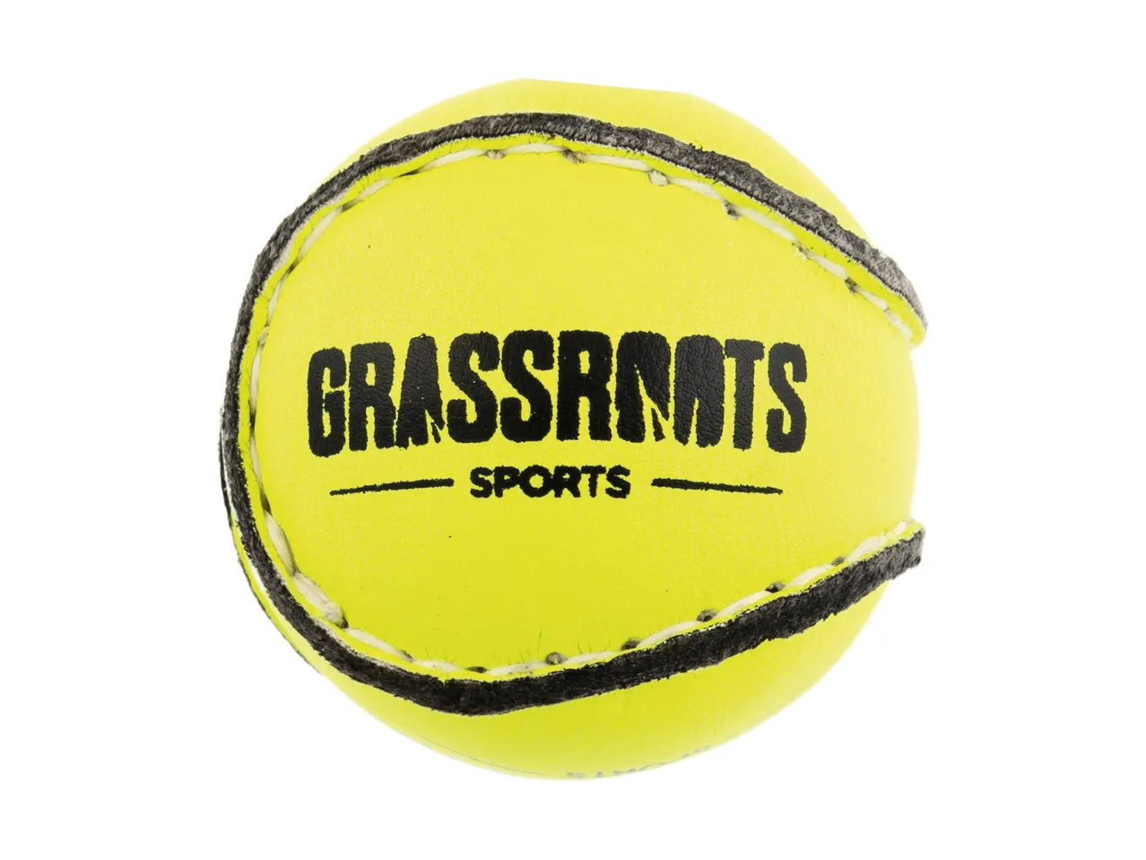 Yellow tennis ball with black stitching and text 