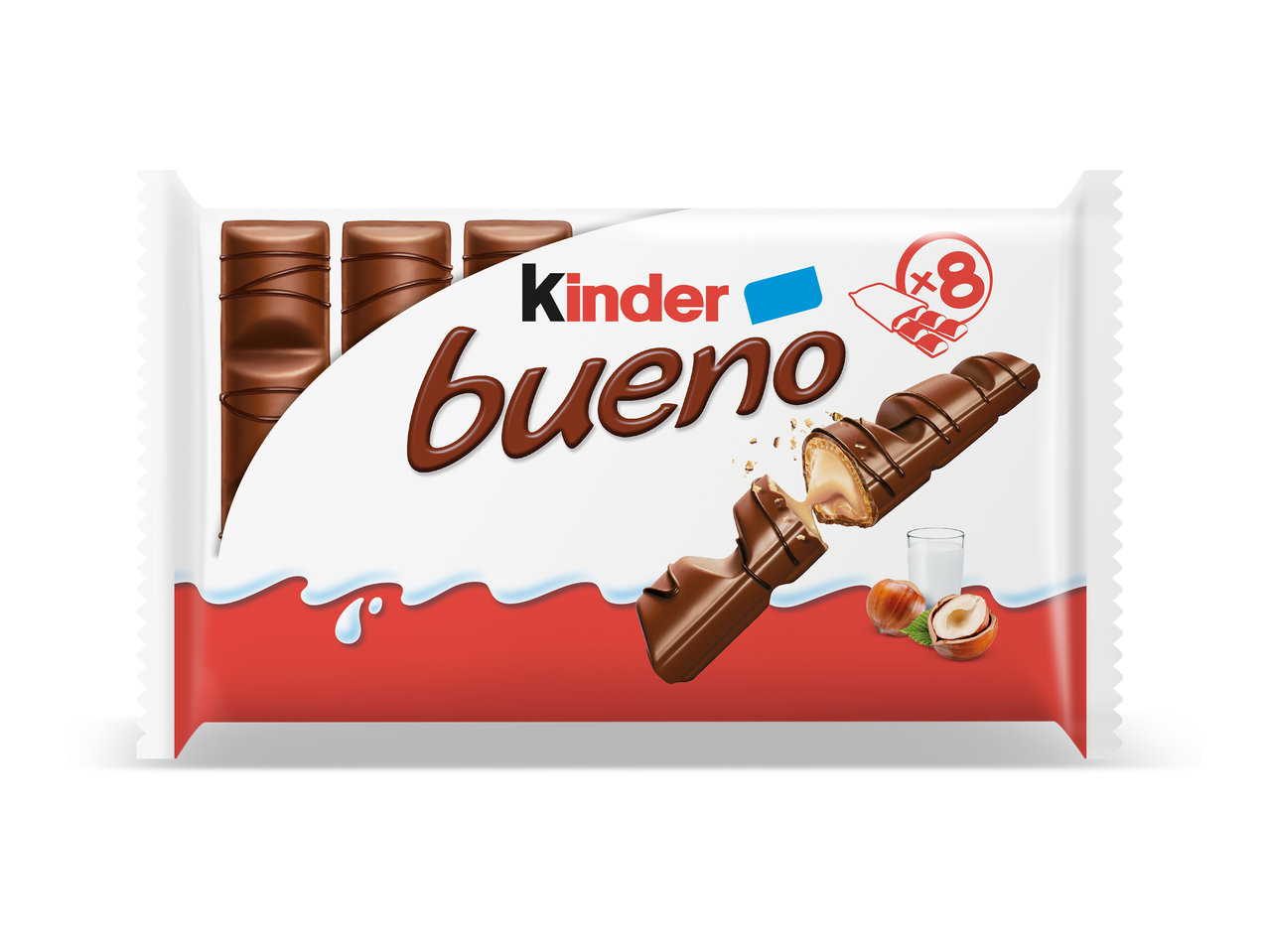 Verpakking van chocoladerepen met hazelnootvulling, met een gebroken reep, melk en hazelnoten.