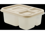A beige plastic food container with three divided sections and a lid.