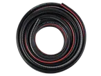 Coiled black garden hose with red and white accents, showing specifications like 13mm 1/2' and 6 bar working pressure.