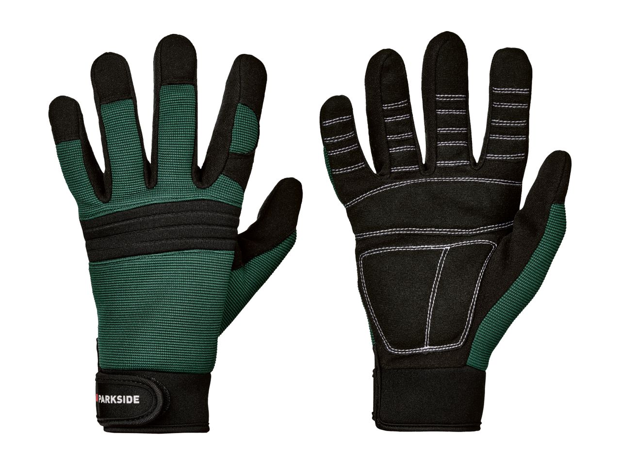 PARKSIDE green and black work gloves, front and back view