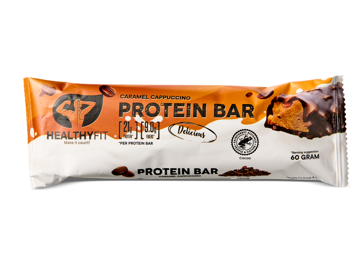 Healthy Fit Karamel Cappuccino Proteïne Reep met 21g eiwit en 9g vezels.