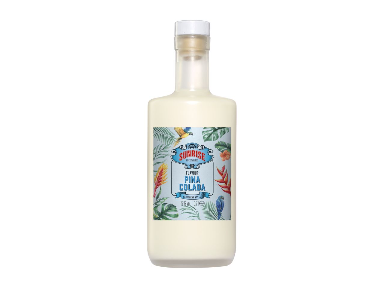 Bottle of Pina Colada cocktail mix with a tropical-themed label featuring birds and plants.