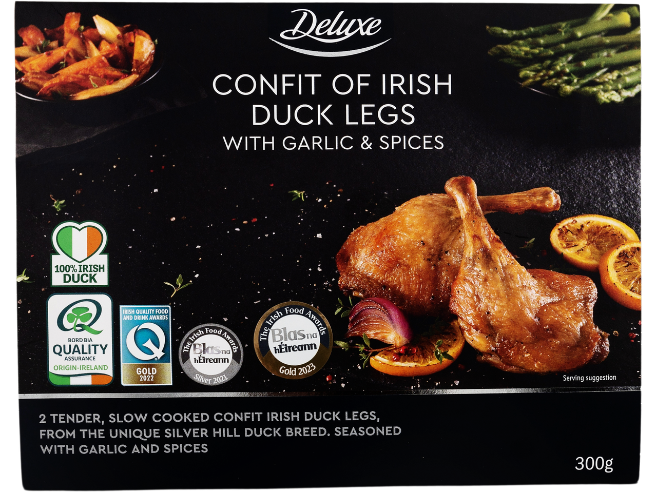 Deluxe Confit of Irish Duck Legs with garlic and spices, with awards and serving suggestions.