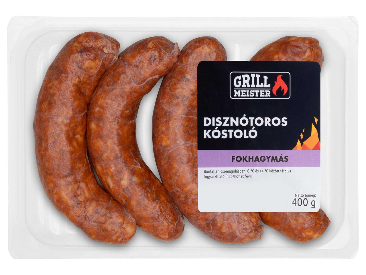 Grill Meister disznótoros kóstoló fokhagymás kolbász, 400 g-os kiszerelésben.