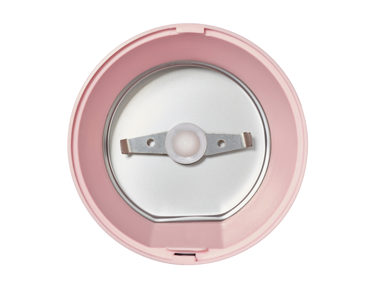 Vista superior de um liquidificador rosa com lâmina de aço inoxidável e indicador MAX.