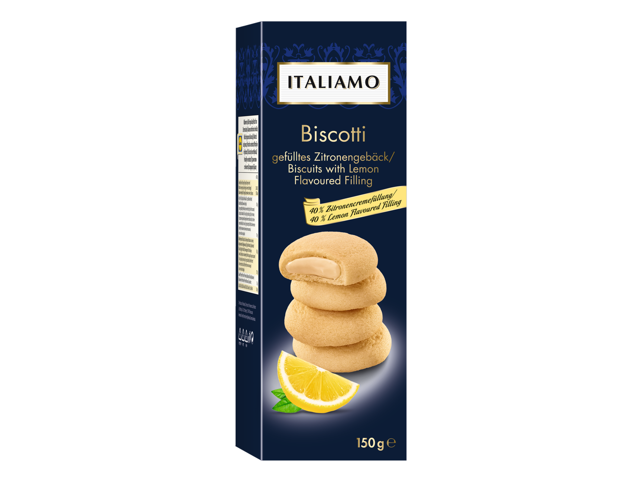 ITALIAMO Biscotti: biscoitos de limão com 40% de recheio de limão, 150g.
