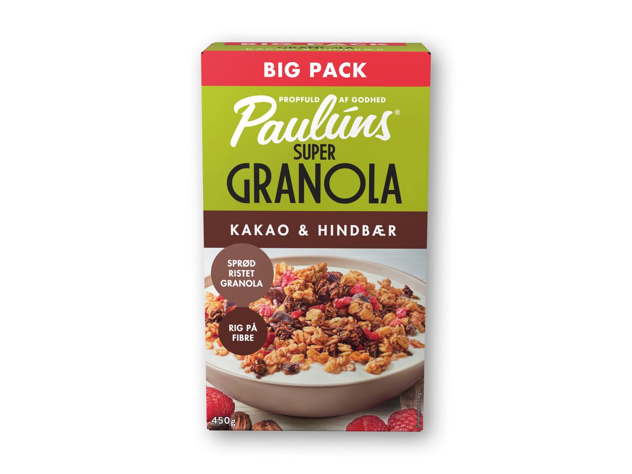 Paulúns Super Granola med kakao og hindbær i en stor pakke.