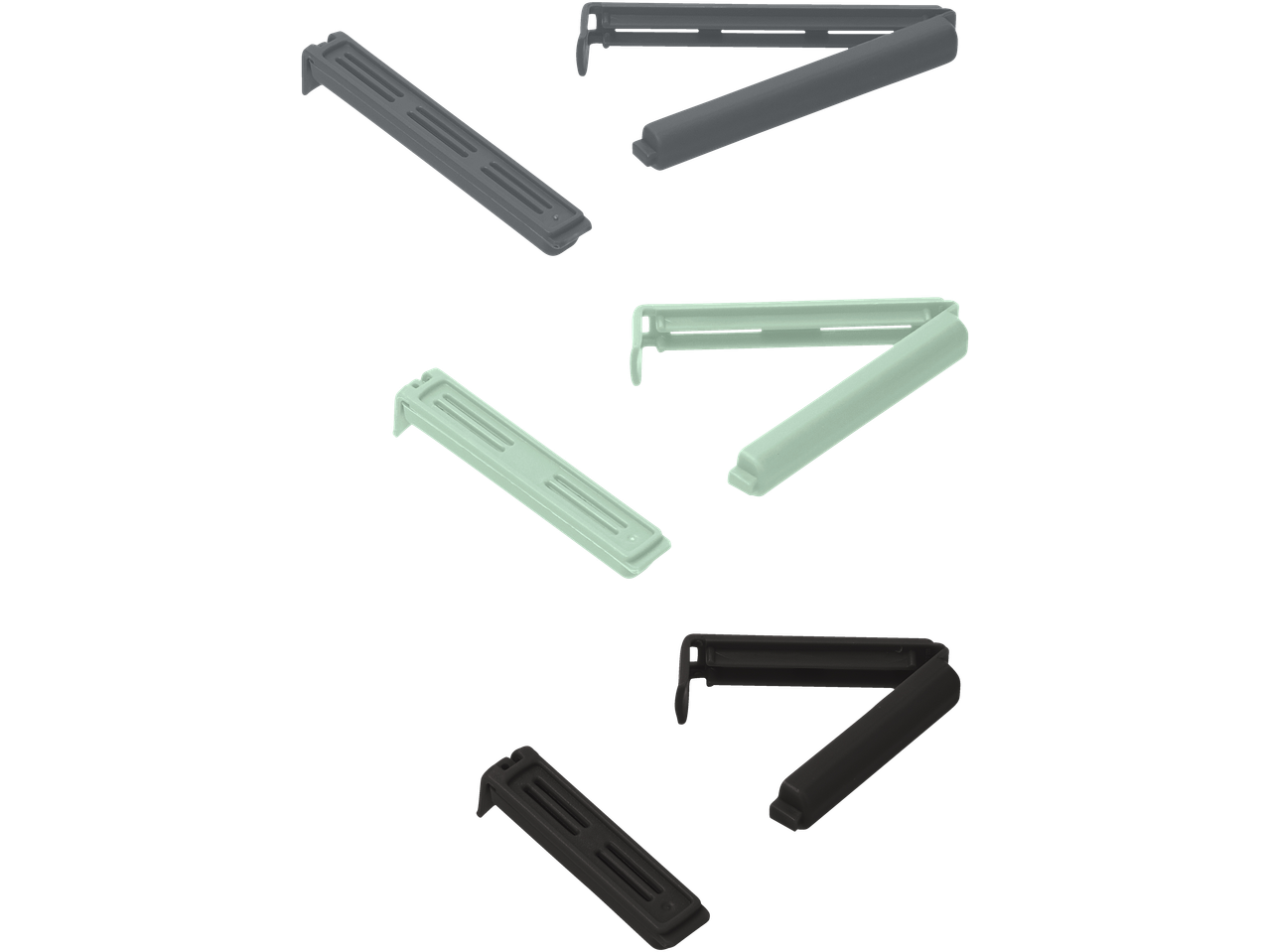 SILVERCREST® Sealing Clips in grey, light green, and dark grey, arranged on a black background.