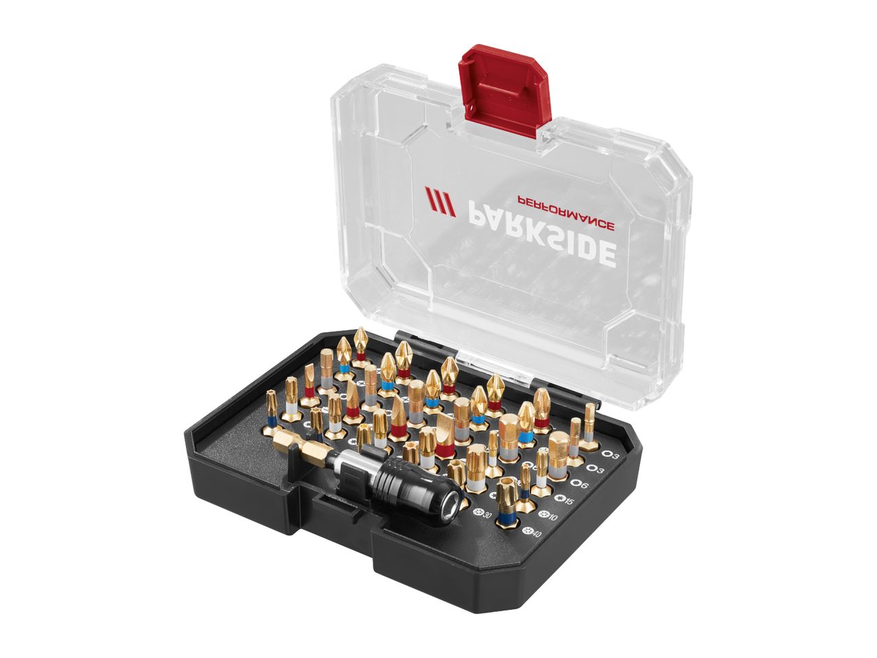 An open bit set with various gold-colored screwdriver bits and a bit holder in a black case.