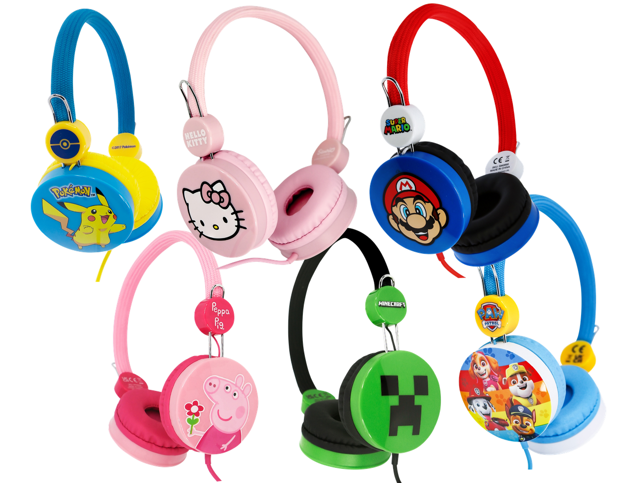 Sex olika hörlurar med populära barntema som Pokémon, Hello Kitty och Minecraft.