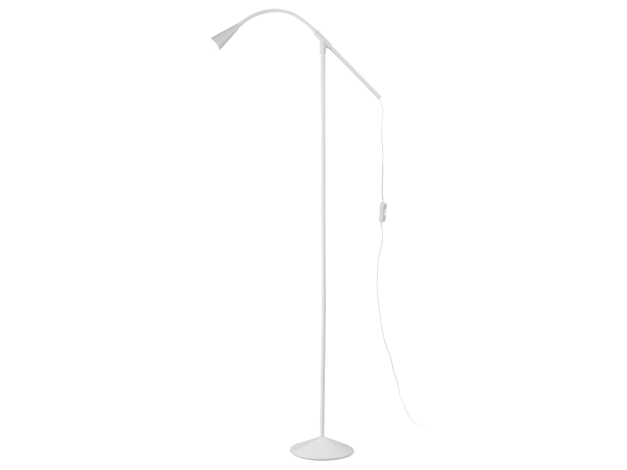 Luminária de chão branca com braço de leitura ajustável.