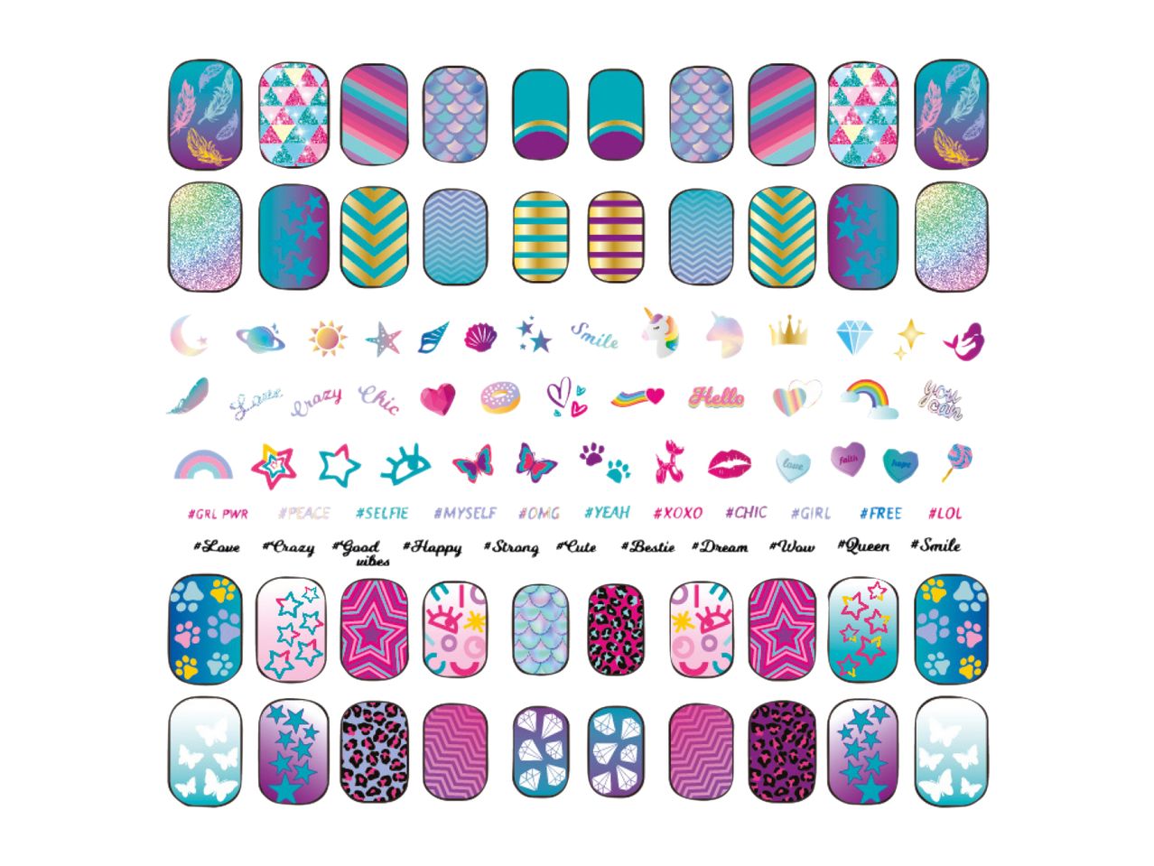 Assorted nail art designs featuring glitter, stars, unicorns, and other fun patterns.