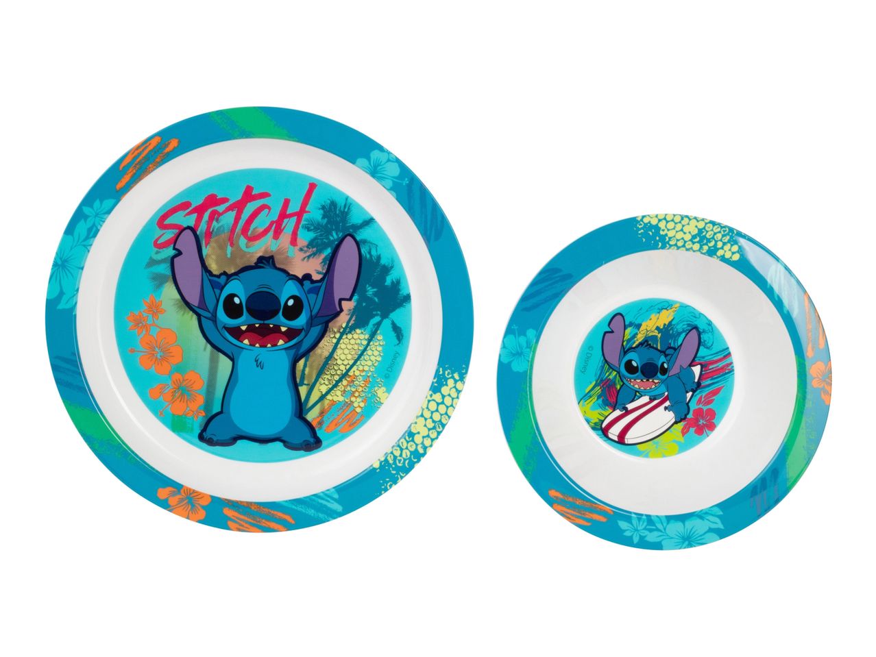 Stitch plates and bowls with a tropical theme.