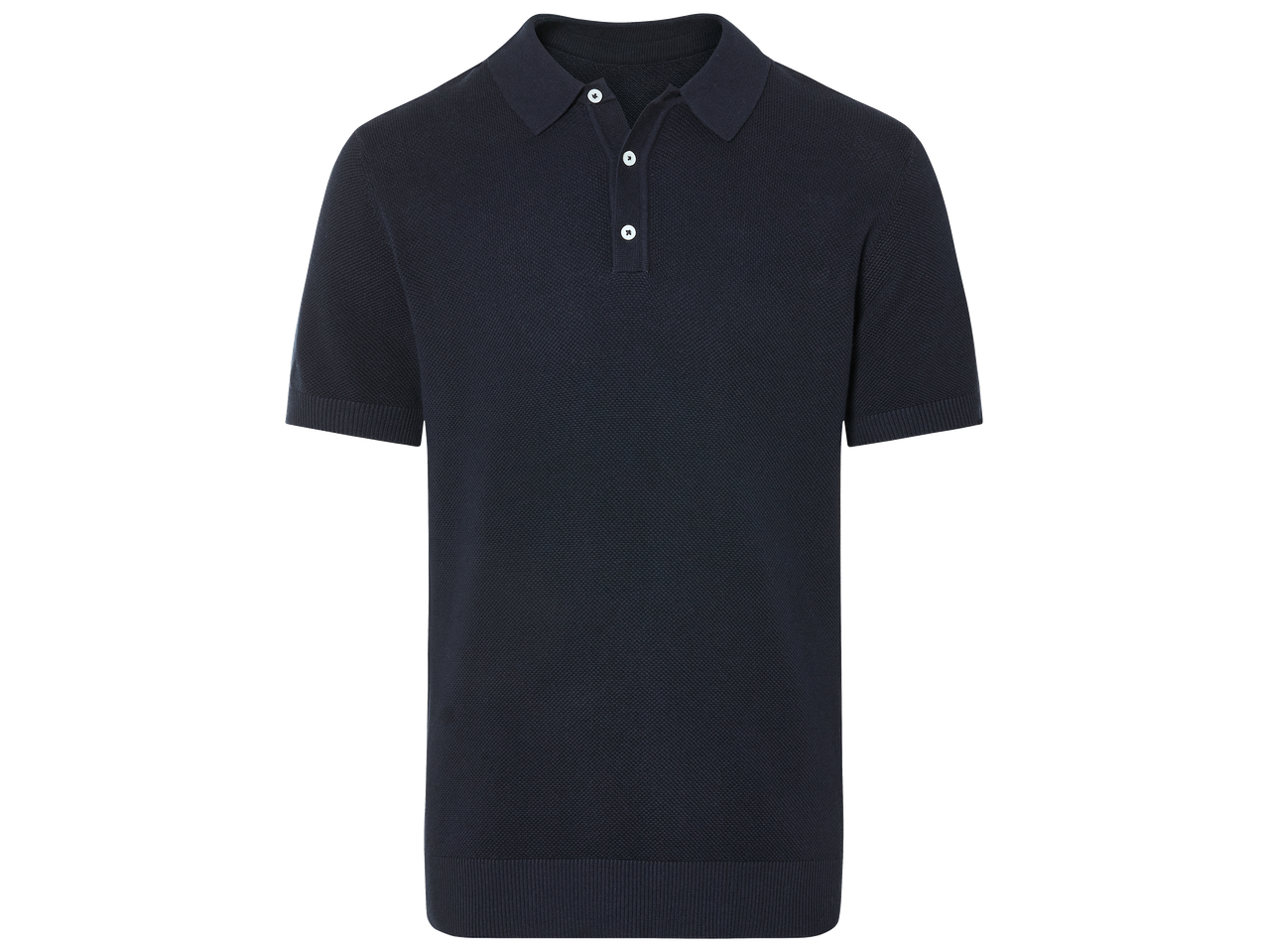 Polo en maille bleu marine pour homme avec col et patte de boutonnage à trois boutons blancs.