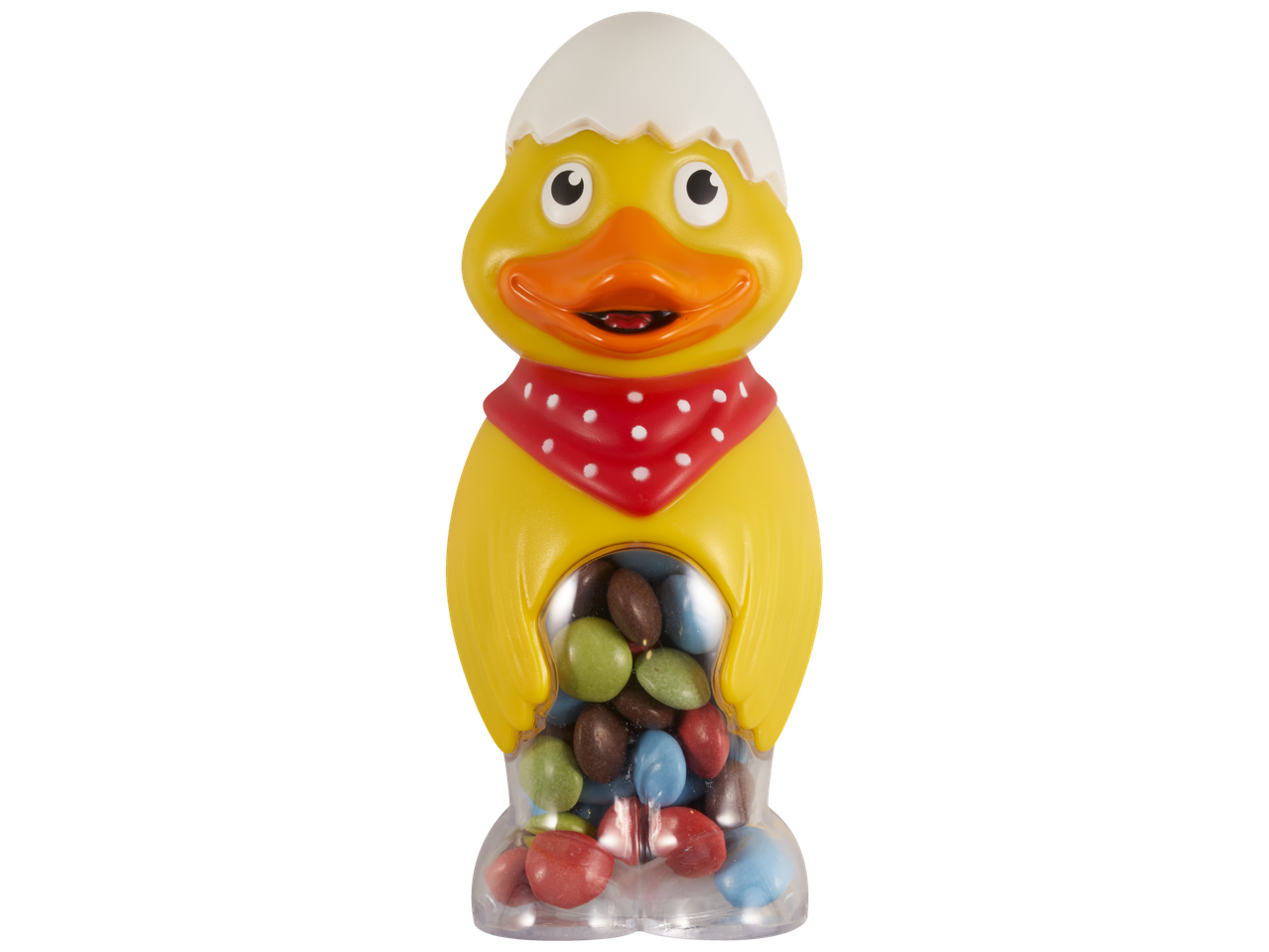 Gele eendenfiguur met witte eierschaal en rode bandana, gevuld met kleurrijke chocoladelinsen.